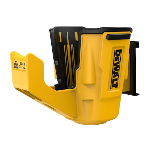 A yellow and black DEWALT wall-mounted accessory holder. It features the DEWALT logo on the side and a label indicating a maximum weight capacity of 10 lb (4.5 kg). Designed for storing tools or accessories securely.
