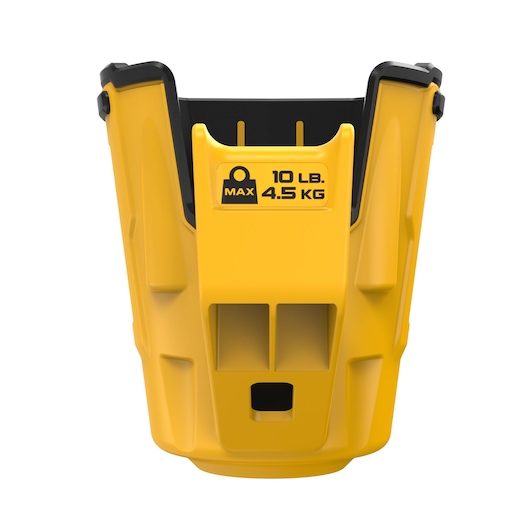 Front view of a yellow DEWALT tool accessory with a black interior. The accessory has a maximum load capacity label reading 'MAX 10 LB. 4.5 KG'.
