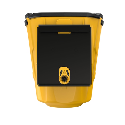 Front view of a DEWALT yellow and black container with a locking mechanism and flat surface, designed for storage and organization.
