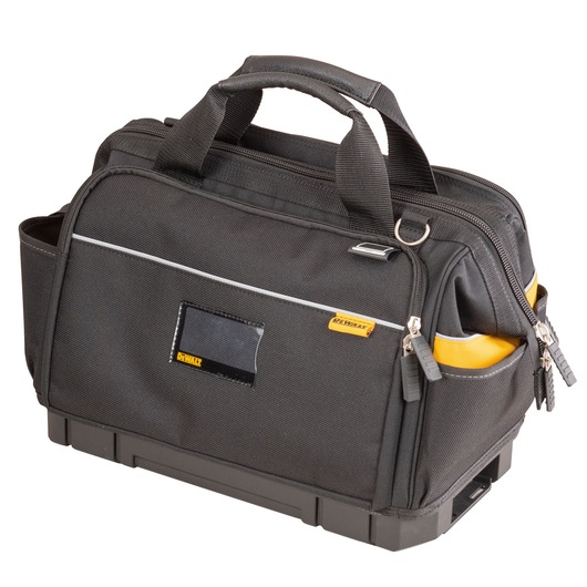A DEWALT black tool bag with zippered compartments, carrying handles, and side pockets. The bag features a hard base for durability and is designed for organizing and transporting tools.