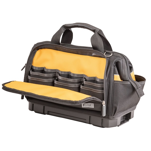 A DEWALT branded black and yellow tool bag with multiple compartments and pockets, featuring a zippered front flap and a sturdy base.