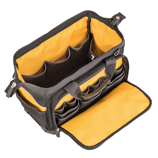 A black and yellow DEWALT tool bag with multiple internal and external compartments and pockets, shown open to display its storage capacity.
