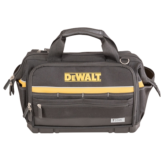 A black and yellow DEWALT tool bag with multiple zippered compartments and handles, designed for carrying tools and accessories.