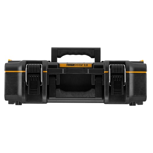 Front view of a DEWALT ToughSystem 2.0 tool box with black and yellow accents, featuring a sturdy handle and secure latches.