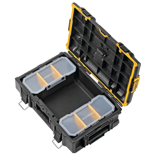 A DEWALT black plastic tool storage box with the lid open, showing two transparent compartment trays with yellow dividers inside the box.