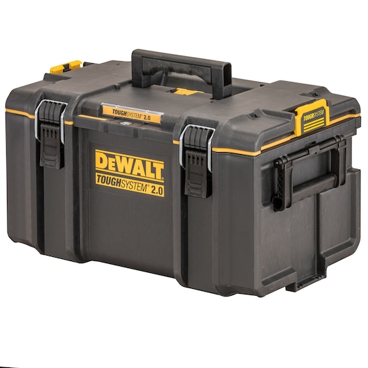 A DEWALT ToughSystem 2.0 black and yellow tool storage box with carrying handles and secure latches.