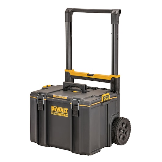 A DEWALT ToughSystem 2.0 rolling tool box with a telescopic handle and rugged wheels, suitable for transporting and storing tools.