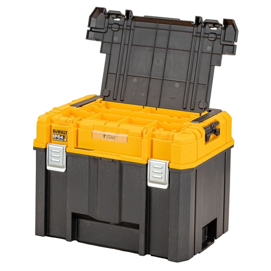 DEWALT black and yellow tool box DWST83343-1 with open lid, metal latches and interior compartments.