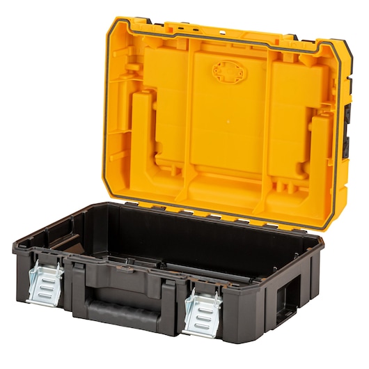 A black and yellow hard plastic tool box with an open lid, showing an empty interior and metal latches.