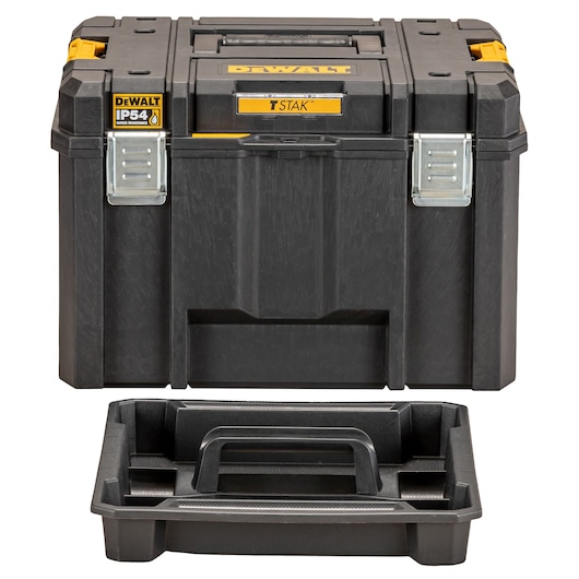 DEWALT black plastic tool storage box with metal latches and IP54 water resistance label, shown with removable tray in front.