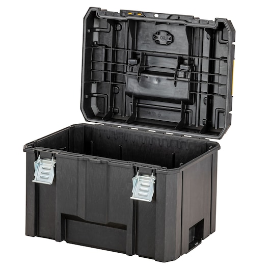 A black DEWALT storage box with the lid open, showing an empty interior and two metal clips on the front for secure closure.