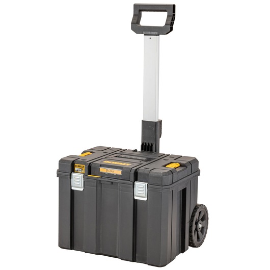 Black DEWALT wheeled tool box with handle, robust design, suitable for storage and transport of tools.