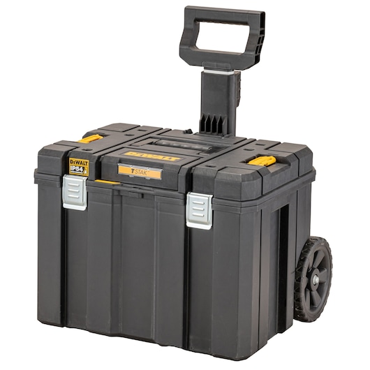 Black DEWALT wheeled tool box with telescopic handle and yellow accents.