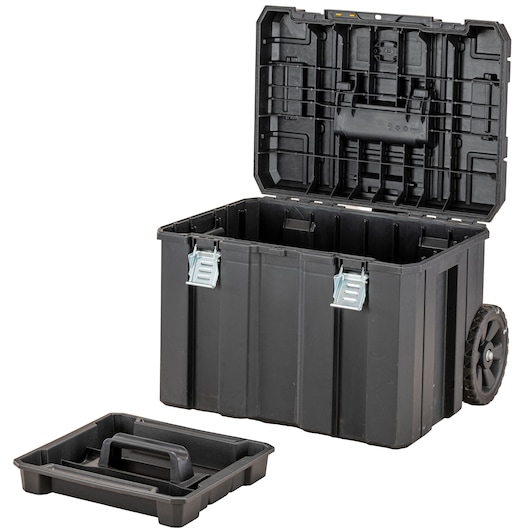 Black wheeled tool box with open lid and removable tray placed in front.