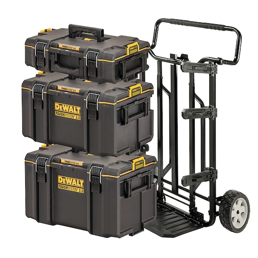 Three stacked DEWALT ToughSystem 2.0 toolboxes mounted on a black wheeled trolley. The toolboxes are black with yellow accents and handles, designed for secure and portable tool storage.