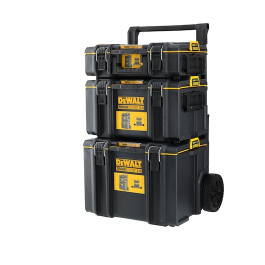 Stacked DEWALT ToughSystem 2.0 black toolboxes with yellow labels and latches, mounted on wheels and a pull handle, designed for secure storage and transport of tools.
