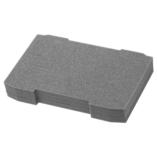 A rectangular piece of grey foam with cut corners, shown isolated on a white background. It appears to be an insert for organizing and protecting tools or equipment.