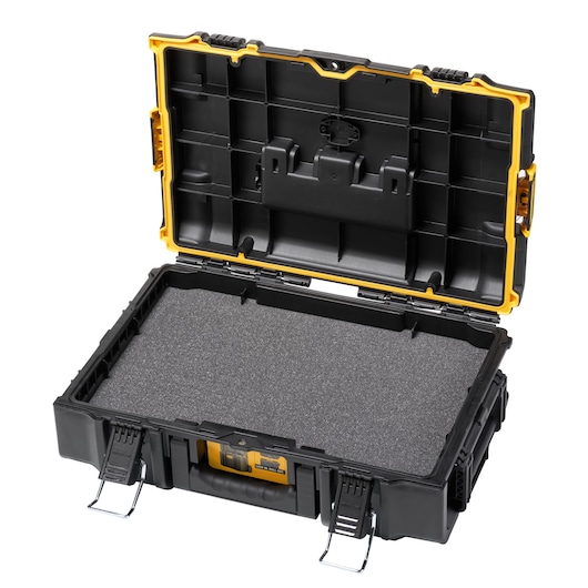 An open black and yellow hard tool case with interior foam padding, designed for protective storage and transport of equipment. The case has metal latches and a sturdy handle.