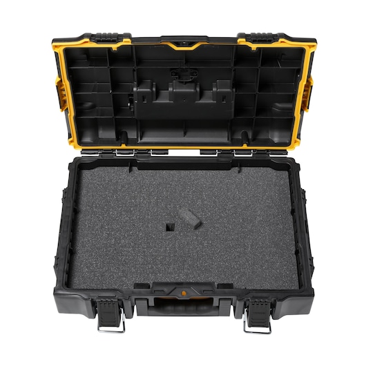 An open DEWALT tool case with foam insert, showing a sturdy black and yellow plastic structure with compartments in the lid. The case is empty and ready for tool storage.