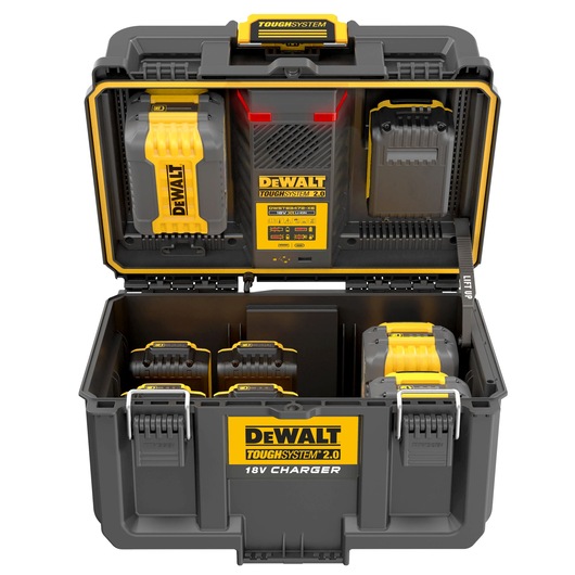DEWALT ToughSystem 2.0 18V Charger box, open to show multiple charging slots with several 18V batteries inside, designed for charging and storing power tool batteries.