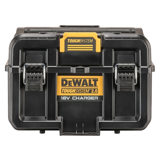 Front view of a DEWALT ToughSystem 2.0 18V charger storage box. The sturdy black box features two metal latches and a yellow label displaying the brand and product details.