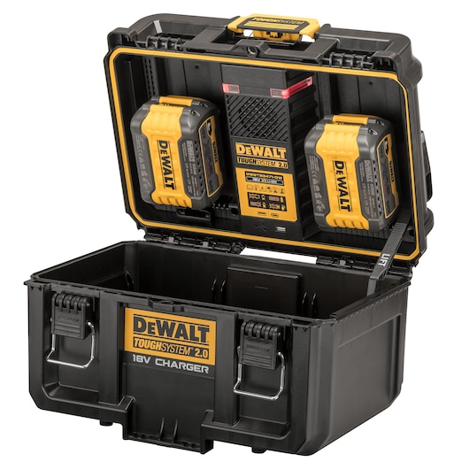A DEWALT ToughSystem 2.0 18V charger box with its lid open, showing two DEWALT batteries and a charger mounted inside the lid. The box is black with yellow accents and has metal latches on the front.