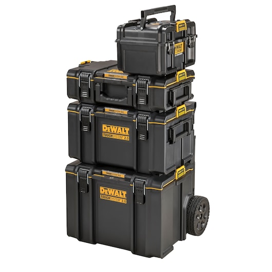 Stack of four black and yellow DEWALT ToughSystem 2.0 toolboxes, with the bottom box featuring wheels for easy transport.