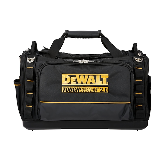 A black DEWALT ToughSystem 2.0 tool bag with yellow accents, multiple compartments, a padded handle, and exterior pockets, shown against a white background.