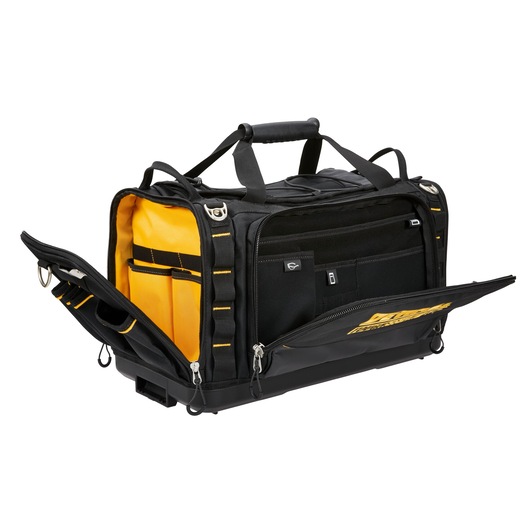 A DEWALT black and yellow tool bag with multiple compartments, zippers, and handles, designed for organizing and carrying tools. The side and front pockets are open, showing various internal storage sections.