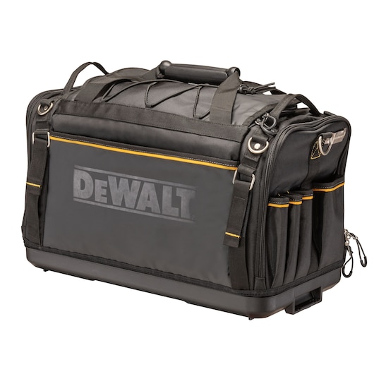A black and grey DEWALT branded tool bag with reinforced handles and multiple exterior pockets. The bag features yellow accents and strong zippers, designed for carrying tools and equipment.