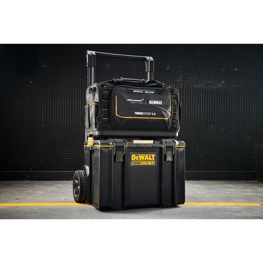 DEWALT ToughSystem 2.0 wheeled toolbox and bag for storage and transport, suitable for tools and accessories.