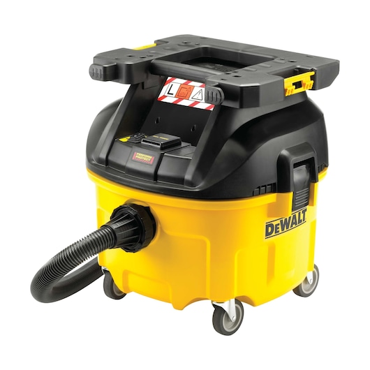 A DEWALT industrial vacuum cleaner in yellow and black, featuring a large hose, sturdy wheels, and a robust top handle.
