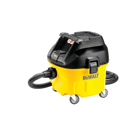 A DEWALT DWV901L industrial vacuum cleaner with a yellow base and black top, four wheels, and a flexible black hose attached. The vacuum is shown against a white background.