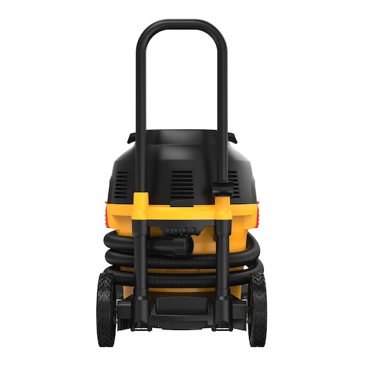 Front view of a DEWALT DWV905H industrial vacuum cleaner, featuring a black and yellow body, sturdy handles, wheels, and a coiled hose attached to the front.