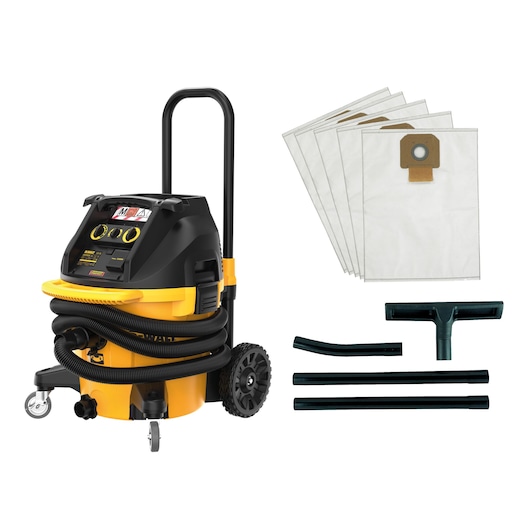 A DEWALT industrial vacuum cleaner with wheels, hose, handle, and control panel is shown, accompanied by five vacuum bags and several black tube attachments for cleaning.