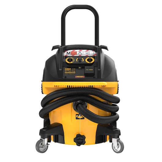 Front view of a DEWALT DWV905M industrial wet and dry vacuum cleaner with a yellow and black body, large wheels, a handle, and a coiled hose attached to the front.