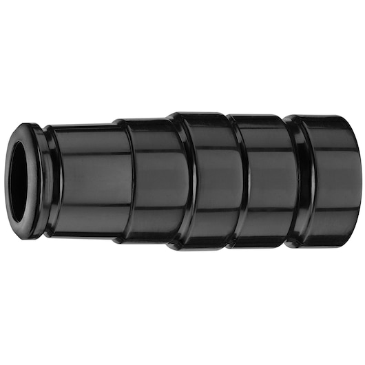 A close-up image of a black, ribbed plastic adapter or connector, typically used for attaching hoses or tubes in workshop or construction environments.