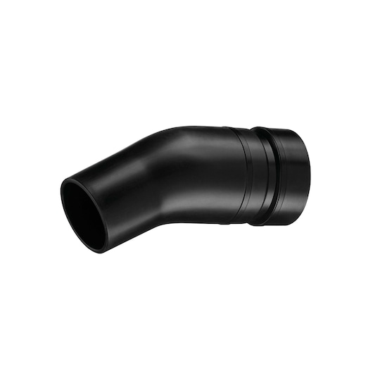 A black plastic angled pipe adapter, photographed on a white background.