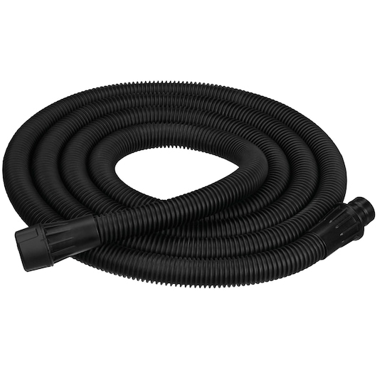 A coiled black corrugated hose with connectors on both ends, typically used as an accessory for vacuum cleaners or dust extraction systems.
