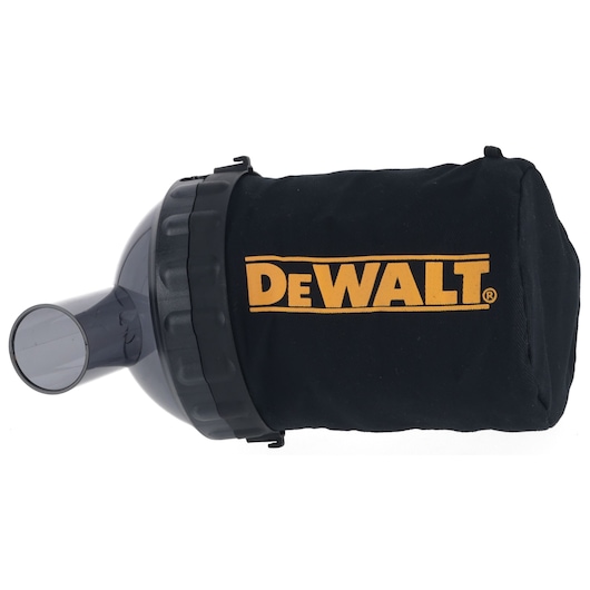 A DEWALT branded dust collection bag with a plastic nozzle attachment, designed for use with power tools.