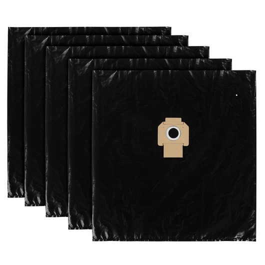 Set of five black vacuum cleaner dust bags, each with a cardboard and rubber collar for attachment.