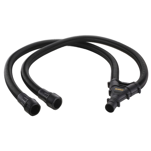 A DEWALT dual hose attachment with two flexible black hoses connected to a Y-shaped connector, designed for use with shop vacuums or dust extraction equipment.