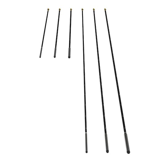Six black extension rods of varying lengths, each with a yellow tip and silver end, arranged in a row on a white background.