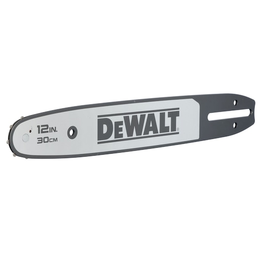A DEWALT chainsaw bar showing the brand logo, with length markings indicating 12 inches and 30 centimeters.