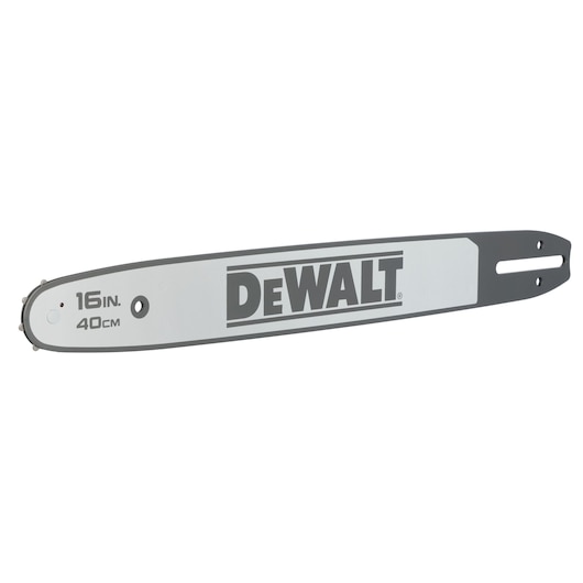 A DEWALT 16 inch (40 cm) chainsaw bar with the DEWALT logo displayed on the side. The bar is grey and black in color.