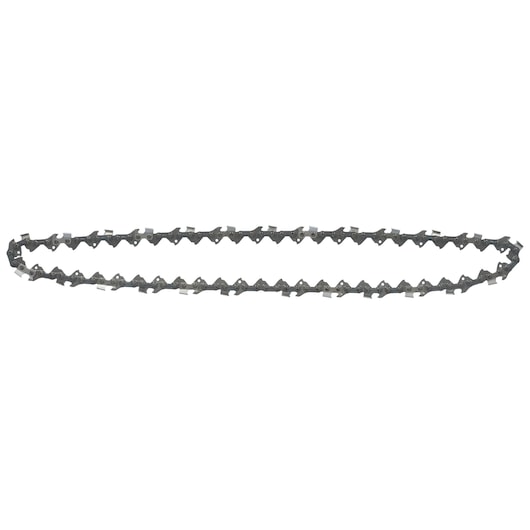 A DEWALT chainsaw chain, shown in an oval shape, with sharp cutting teeth made of metal.