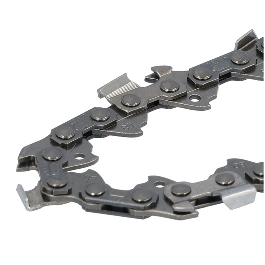 Close-up image of a metal chainsaw chain showing its links and cutting teeth.