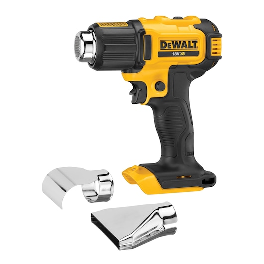 A yellow and black cordless heat gun with two metal nozzle attachments displayed beside it. The brand 'DeWalt' and the model '18V XR' are visible on the side of the heat gun.