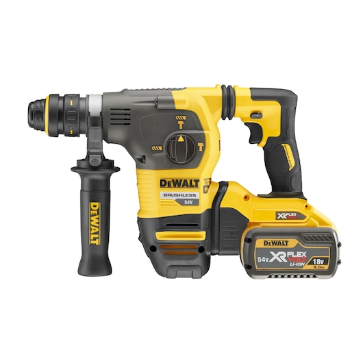 Side view of 54V XR FLEXVOLT 30mm SDS-Plus Hammer Drill with 9.0Ah battery