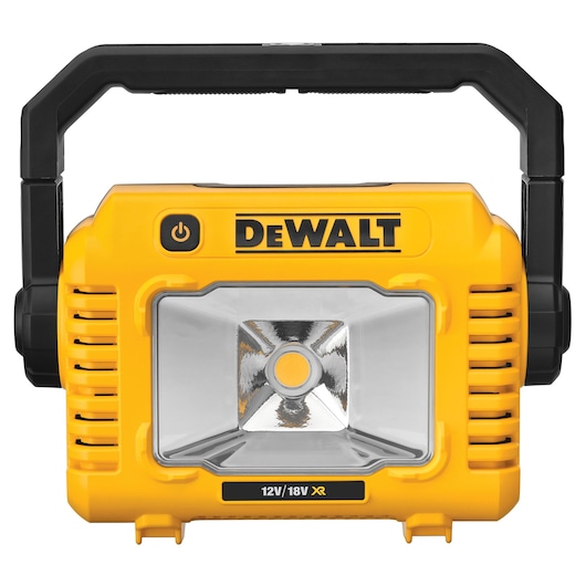 Front view of a yellow portable work light with a black handle, showing a power button and a reflective lens. The brand name 'DEWALT' is visible above the lens, and the label '12V/18V XR' is displayed below the lens.